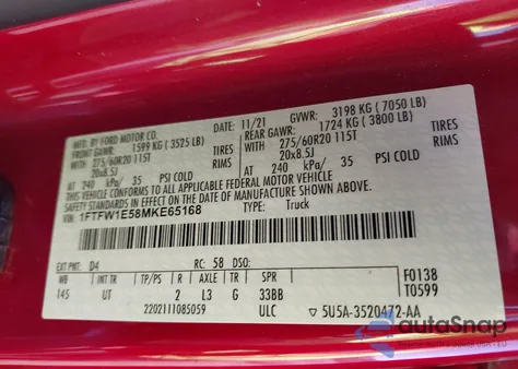 2021 Ford F-150 Xlt из США, поврежденный, VIN 1FTFW1E58MKE65168